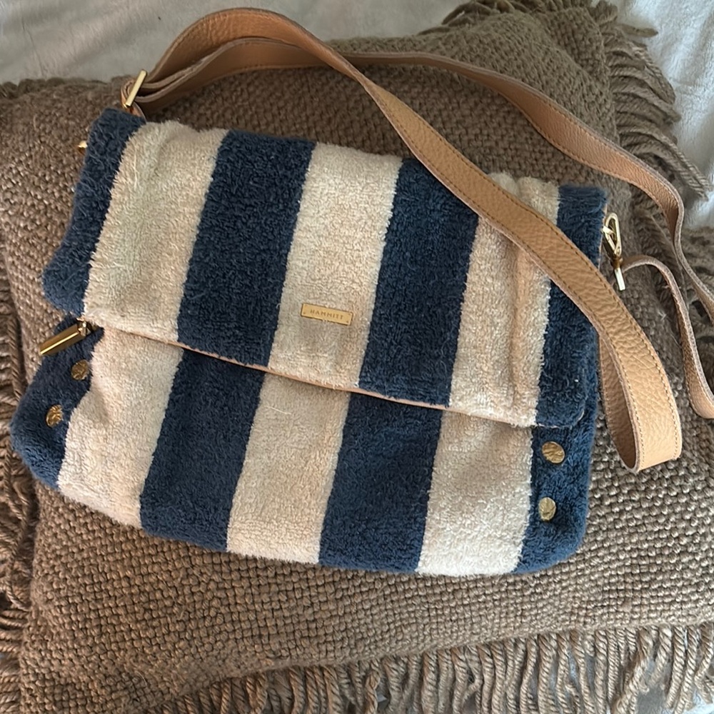 Hammitt Navy and Cream Striped Terry Crossbody with Tan Strap